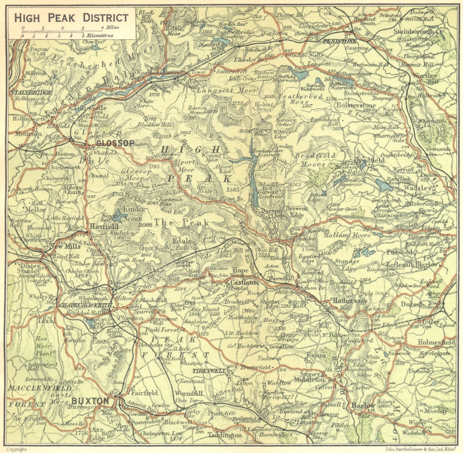 DERBYS. High Peak District 1924 old antique vintage map plan chart
